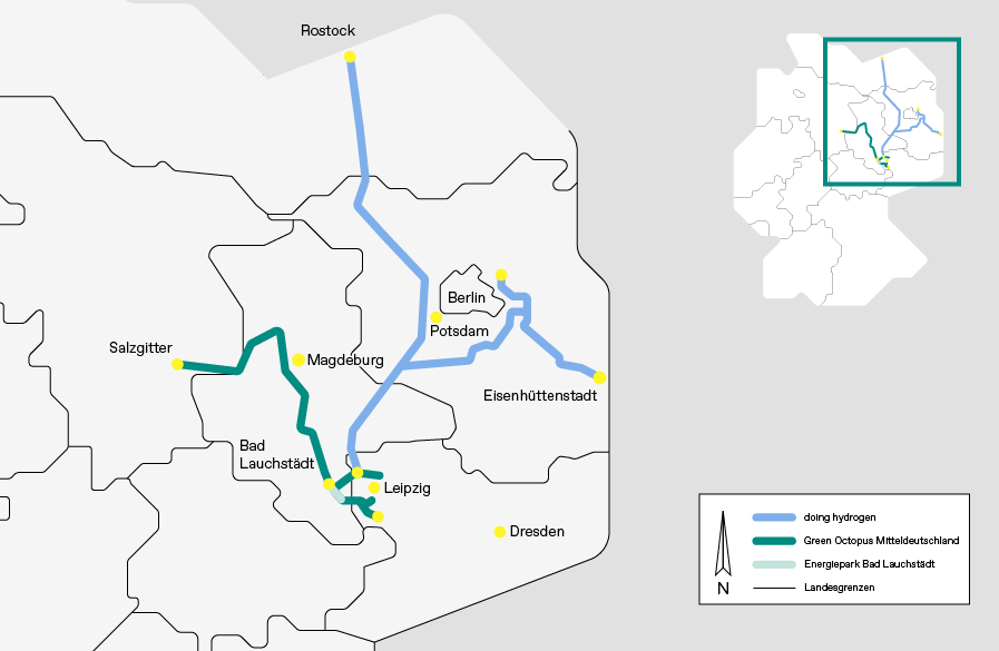 Karte ONTRAS H2-Startnetz mit doing hydrogen, Green Octopus Mitteldeutschland und Energiepark Bad Lauchstädt