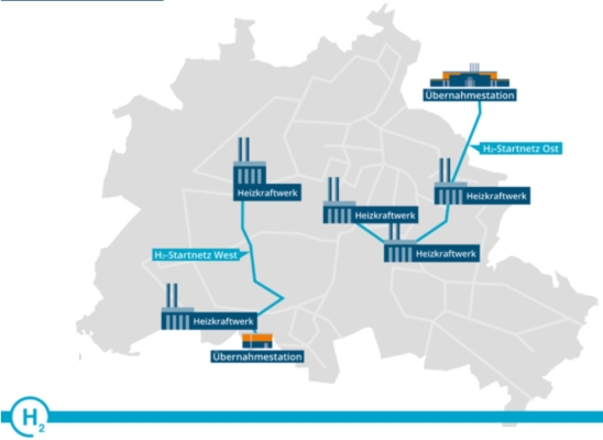 Karte des bis 2030 vorgesehenen Berliner H2Startnetzes.